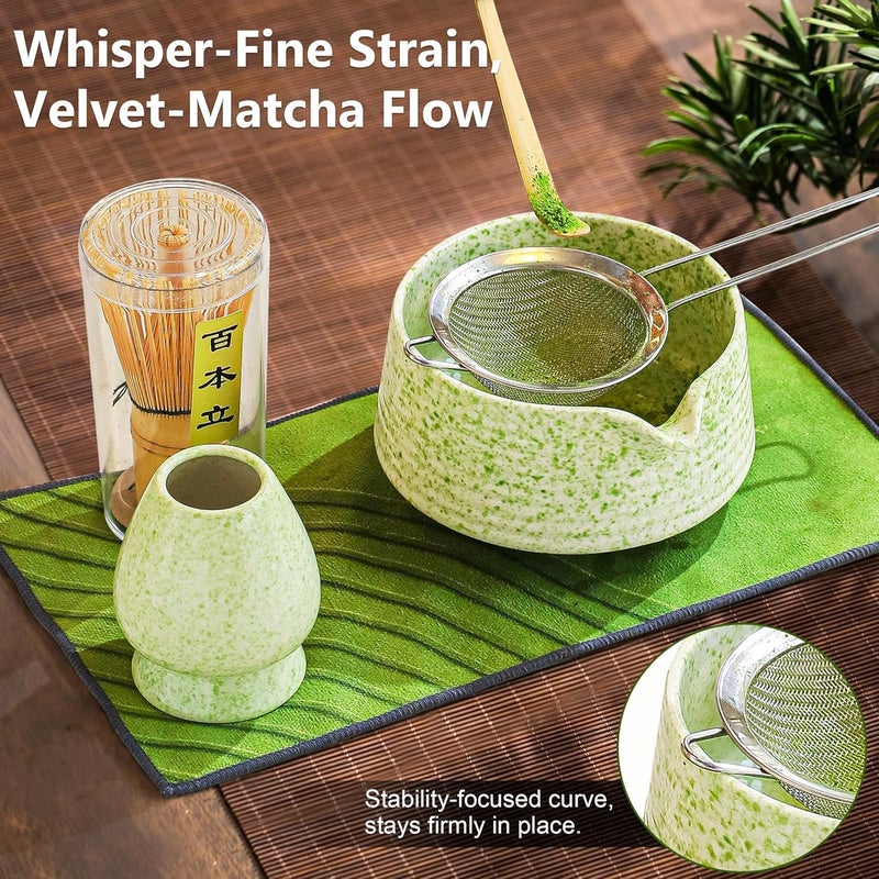 BEWOS 8 Pcs Matcha Whisk Set - 18OZ Ceramic Bowl with Spout, Matcha Sifter, Matcha Whisk Holder & Bamboo Matcha Whisk | Matcha Scoop, Complete Japanese Tea Ceremony Kit for Matcha Lover(Mottled Green) - Image 5